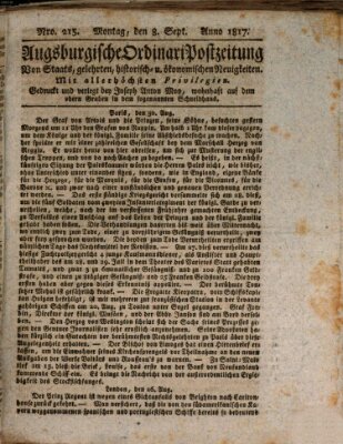 Augsburgische Ordinari Postzeitung von Staats-, gelehrten, historisch- u. ökonomischen Neuigkeiten (Augsburger Postzeitung) Montag 8. September 1817