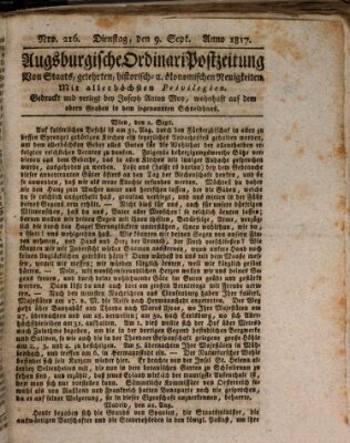 Augsburgische Ordinari Postzeitung von Staats-, gelehrten, historisch- u. ökonomischen Neuigkeiten (Augsburger Postzeitung) Dienstag 9. September 1817