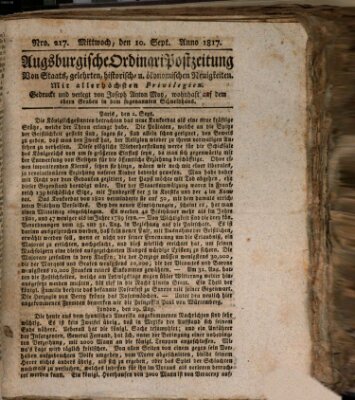 Augsburgische Ordinari Postzeitung von Staats-, gelehrten, historisch- u. ökonomischen Neuigkeiten (Augsburger Postzeitung) Mittwoch 10. September 1817