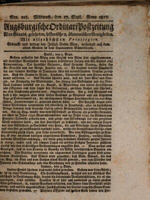 Augsburgische Ordinari Postzeitung von Staats-, gelehrten, historisch- u. ökonomischen Neuigkeiten (Augsburger Postzeitung) Mittwoch 17. September 1817