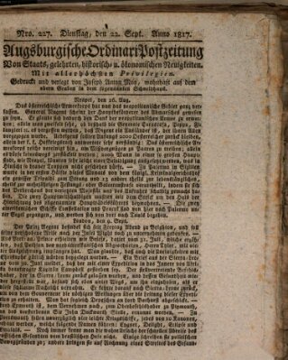 Augsburgische Ordinari Postzeitung von Staats-, gelehrten, historisch- u. ökonomischen Neuigkeiten (Augsburger Postzeitung) Montag 22. September 1817