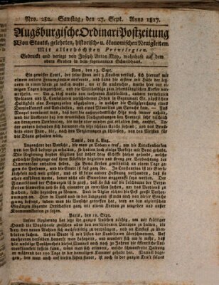 Augsburgische Ordinari Postzeitung von Staats-, gelehrten, historisch- u. ökonomischen Neuigkeiten (Augsburger Postzeitung) Samstag 27. September 1817