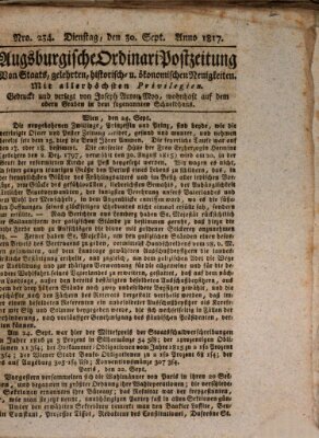 Augsburgische Ordinari Postzeitung von Staats-, gelehrten, historisch- u. ökonomischen Neuigkeiten (Augsburger Postzeitung) Dienstag 30. September 1817