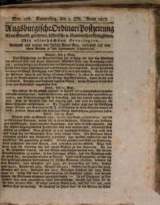 Augsburgische Ordinari Postzeitung von Staats-, gelehrten, historisch- u. ökonomischen Neuigkeiten (Augsburger Postzeitung) Donnerstag 2. Oktober 1817