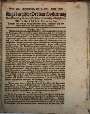 Augsburgische Ordinari Postzeitung von Staats-, gelehrten, historisch- u. ökonomischen Neuigkeiten (Augsburger Postzeitung) Donnerstag 9. Oktober 1817