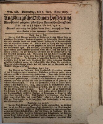 Augsburgische Ordinari Postzeitung von Staats-, gelehrten, historisch- u. ökonomischen Neuigkeiten (Augsburger Postzeitung) Donnerstag 6. November 1817