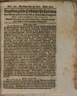 Augsburgische Ordinari Postzeitung von Staats-, gelehrten, historisch- u. ökonomischen Neuigkeiten (Augsburger Postzeitung) Samstag 15. November 1817