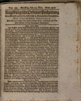 Augsburgische Ordinari Postzeitung von Staats-, gelehrten, historisch- u. ökonomischen Neuigkeiten (Augsburger Postzeitung) Samstag 22. November 1817