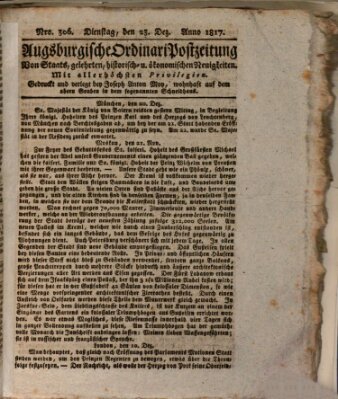 Augsburgische Ordinari Postzeitung von Staats-, gelehrten, historisch- u. ökonomischen Neuigkeiten (Augsburger Postzeitung) Dienstag 23. Dezember 1817