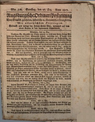 Augsburgische Ordinari Postzeitung von Staats-, gelehrten, historisch- u. ökonomischen Neuigkeiten (Augsburger Postzeitung) Samstag 27. Dezember 1817