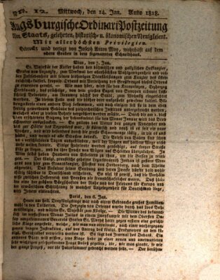 Augsburgische Ordinari Postzeitung von Staats-, gelehrten, historisch- u. ökonomischen Neuigkeiten (Augsburger Postzeitung) Mittwoch 14. Januar 1818