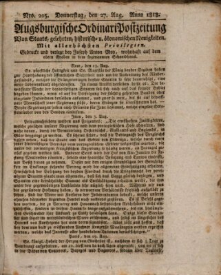 Augsburgische Ordinari Postzeitung von Staats-, gelehrten, historisch- u. ökonomischen Neuigkeiten (Augsburger Postzeitung) Donnerstag 27. August 1818