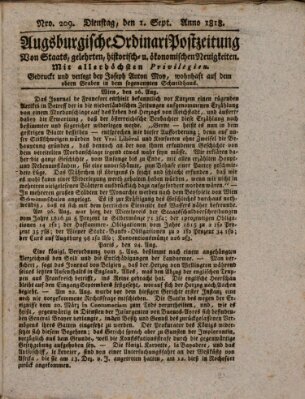 Augsburgische Ordinari Postzeitung von Staats-, gelehrten, historisch- u. ökonomischen Neuigkeiten (Augsburger Postzeitung) Dienstag 1. September 1818