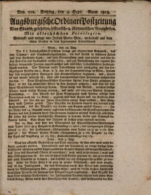 Augsburgische Ordinari Postzeitung von Staats-, gelehrten, historisch- u. ökonomischen Neuigkeiten (Augsburger Postzeitung) Freitag 4. September 1818