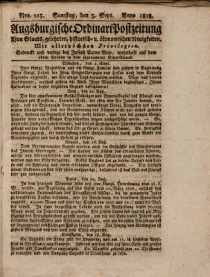 Augsburgische Ordinari Postzeitung von Staats-, gelehrten, historisch- u. ökonomischen Neuigkeiten (Augsburger Postzeitung) Samstag 5. September 1818