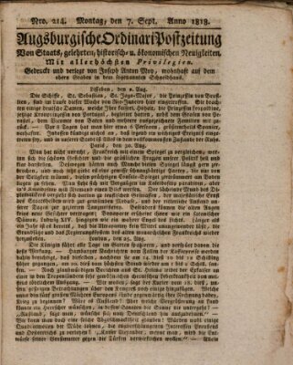 Augsburgische Ordinari Postzeitung von Staats-, gelehrten, historisch- u. ökonomischen Neuigkeiten (Augsburger Postzeitung) Montag 7. September 1818