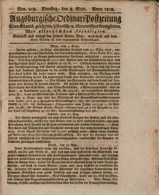 Augsburgische Ordinari Postzeitung von Staats-, gelehrten, historisch- u. ökonomischen Neuigkeiten (Augsburger Postzeitung) Dienstag 8. September 1818