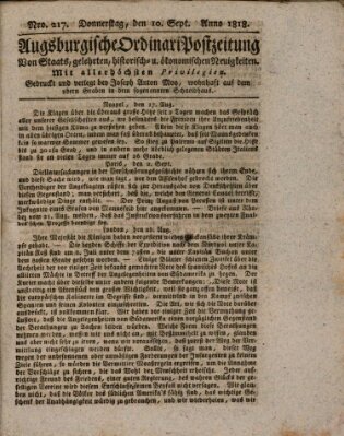 Augsburgische Ordinari Postzeitung von Staats-, gelehrten, historisch- u. ökonomischen Neuigkeiten (Augsburger Postzeitung) Thursday 10. September 1818