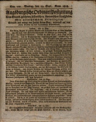 Augsburgische Ordinari Postzeitung von Staats-, gelehrten, historisch- u. ökonomischen Neuigkeiten (Augsburger Postzeitung) Montag 14. September 1818