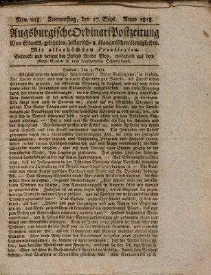 Augsburgische Ordinari Postzeitung von Staats-, gelehrten, historisch- u. ökonomischen Neuigkeiten (Augsburger Postzeitung) Donnerstag 17. September 1818