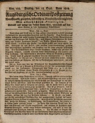 Augsburgische Ordinari Postzeitung von Staats-, gelehrten, historisch- u. ökonomischen Neuigkeiten (Augsburger Postzeitung) Freitag 18. September 1818