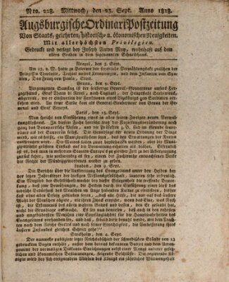 Augsburgische Ordinari Postzeitung von Staats-, gelehrten, historisch- u. ökonomischen Neuigkeiten (Augsburger Postzeitung) Mittwoch 23. September 1818