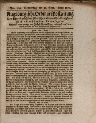 Augsburgische Ordinari Postzeitung von Staats-, gelehrten, historisch- u. ökonomischen Neuigkeiten (Augsburger Postzeitung) Donnerstag 24. September 1818