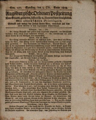 Augsburgische Ordinari Postzeitung von Staats-, gelehrten, historisch- u. ökonomischen Neuigkeiten (Augsburger Postzeitung) Samstag 3. Oktober 1818