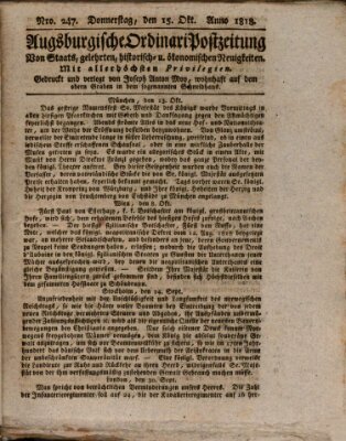 Augsburgische Ordinari Postzeitung von Staats-, gelehrten, historisch- u. ökonomischen Neuigkeiten (Augsburger Postzeitung) Donnerstag 15. Oktober 1818