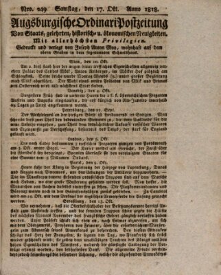 Augsburgische Ordinari Postzeitung von Staats-, gelehrten, historisch- u. ökonomischen Neuigkeiten (Augsburger Postzeitung) Samstag 17. Oktober 1818