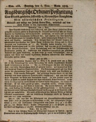 Augsburgische Ordinari Postzeitung von Staats-, gelehrten, historisch- u. ökonomischen Neuigkeiten (Augsburger Postzeitung) Freitag 6. November 1818