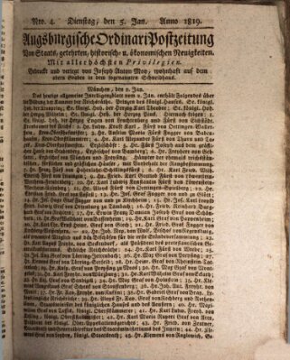 Augsburgische Ordinari Postzeitung von Staats-, gelehrten, historisch- u. ökonomischen Neuigkeiten (Augsburger Postzeitung) Dienstag 5. Januar 1819