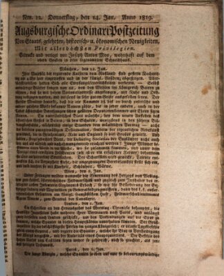 Augsburgische Ordinari Postzeitung von Staats-, gelehrten, historisch- u. ökonomischen Neuigkeiten (Augsburger Postzeitung) Donnerstag 14. Januar 1819