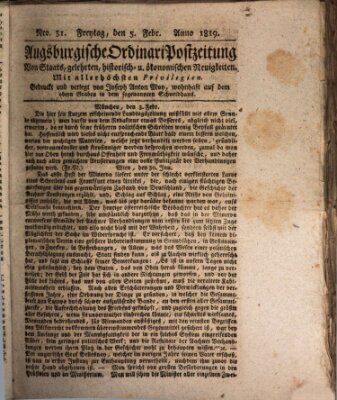 Augsburgische Ordinari Postzeitung von Staats-, gelehrten, historisch- u. ökonomischen Neuigkeiten (Augsburger Postzeitung) Freitag 5. Februar 1819