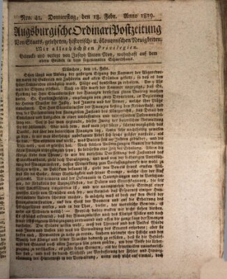 Augsburgische Ordinari Postzeitung von Staats-, gelehrten, historisch- u. ökonomischen Neuigkeiten (Augsburger Postzeitung) Donnerstag 18. Februar 1819