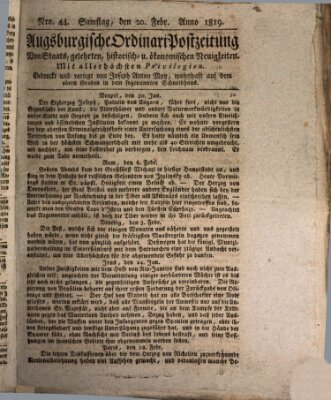 Augsburgische Ordinari Postzeitung von Staats-, gelehrten, historisch- u. ökonomischen Neuigkeiten (Augsburger Postzeitung) Samstag 20. Februar 1819