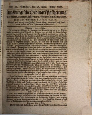 Augsburgische Ordinari Postzeitung von Staats-, gelehrten, historisch- u. ökonomischen Neuigkeiten (Augsburger Postzeitung) Samstag 27. Februar 1819