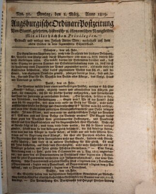 Augsburgische Ordinari Postzeitung von Staats-, gelehrten, historisch- u. ökonomischen Neuigkeiten (Augsburger Postzeitung) Montag 1. März 1819