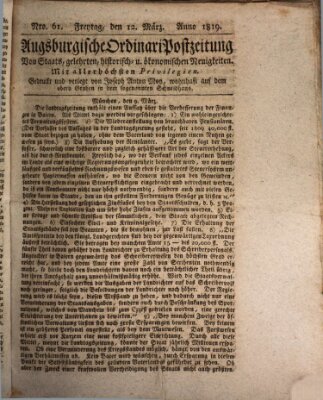 Augsburgische Ordinari Postzeitung von Staats-, gelehrten, historisch- u. ökonomischen Neuigkeiten (Augsburger Postzeitung) Freitag 12. März 1819