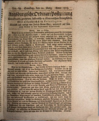 Augsburgische Ordinari Postzeitung von Staats-, gelehrten, historisch- u. ökonomischen Neuigkeiten (Augsburger Postzeitung) Samstag 20. März 1819