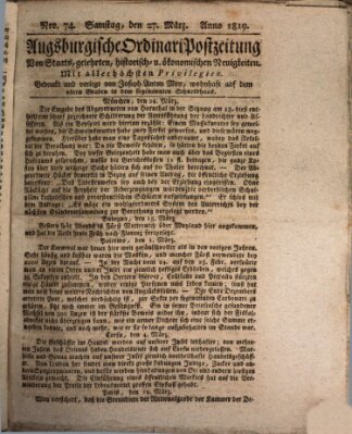 Augsburgische Ordinari Postzeitung von Staats-, gelehrten, historisch- u. ökonomischen Neuigkeiten (Augsburger Postzeitung) Samstag 27. März 1819