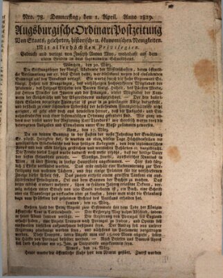 Augsburgische Ordinari Postzeitung von Staats-, gelehrten, historisch- u. ökonomischen Neuigkeiten (Augsburger Postzeitung) Donnerstag 1. April 1819