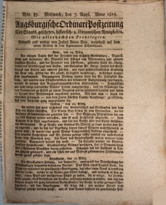 Augsburgische Ordinari Postzeitung von Staats-, gelehrten, historisch- u. ökonomischen Neuigkeiten (Augsburger Postzeitung) Mittwoch 7. April 1819