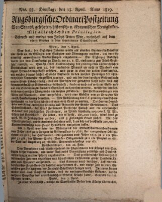 Augsburgische Ordinari Postzeitung von Staats-, gelehrten, historisch- u. ökonomischen Neuigkeiten (Augsburger Postzeitung) Dienstag 13. April 1819