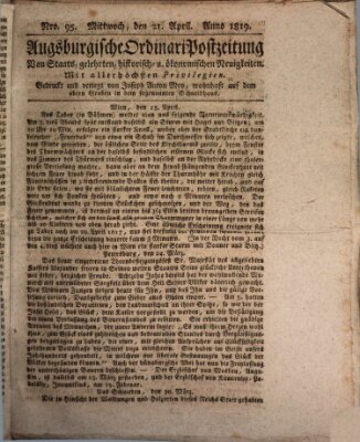 Augsburgische Ordinari Postzeitung von Staats-, gelehrten, historisch- u. ökonomischen Neuigkeiten (Augsburger Postzeitung) Mittwoch 21. April 1819