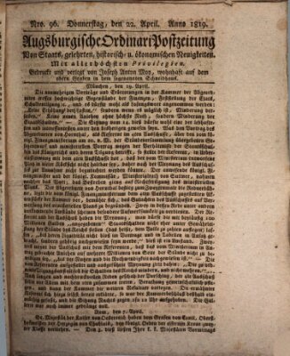 Augsburgische Ordinari Postzeitung von Staats-, gelehrten, historisch- u. ökonomischen Neuigkeiten (Augsburger Postzeitung) Donnerstag 22. April 1819