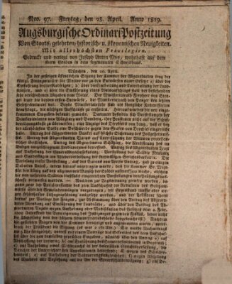 Augsburgische Ordinari Postzeitung von Staats-, gelehrten, historisch- u. ökonomischen Neuigkeiten (Augsburger Postzeitung) Freitag 23. April 1819