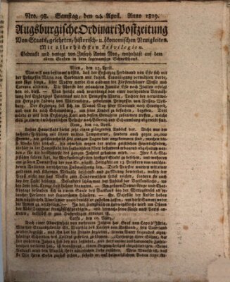 Augsburgische Ordinari Postzeitung von Staats-, gelehrten, historisch- u. ökonomischen Neuigkeiten (Augsburger Postzeitung) Samstag 24. April 1819