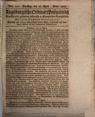 Augsburgische Ordinari Postzeitung von Staats-, gelehrten, historisch- u. ökonomischen Neuigkeiten (Augsburger Postzeitung) Dienstag 27. April 1819