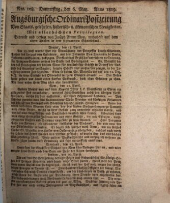 Augsburgische Ordinari Postzeitung von Staats-, gelehrten, historisch- u. ökonomischen Neuigkeiten (Augsburger Postzeitung) Donnerstag 6. Mai 1819